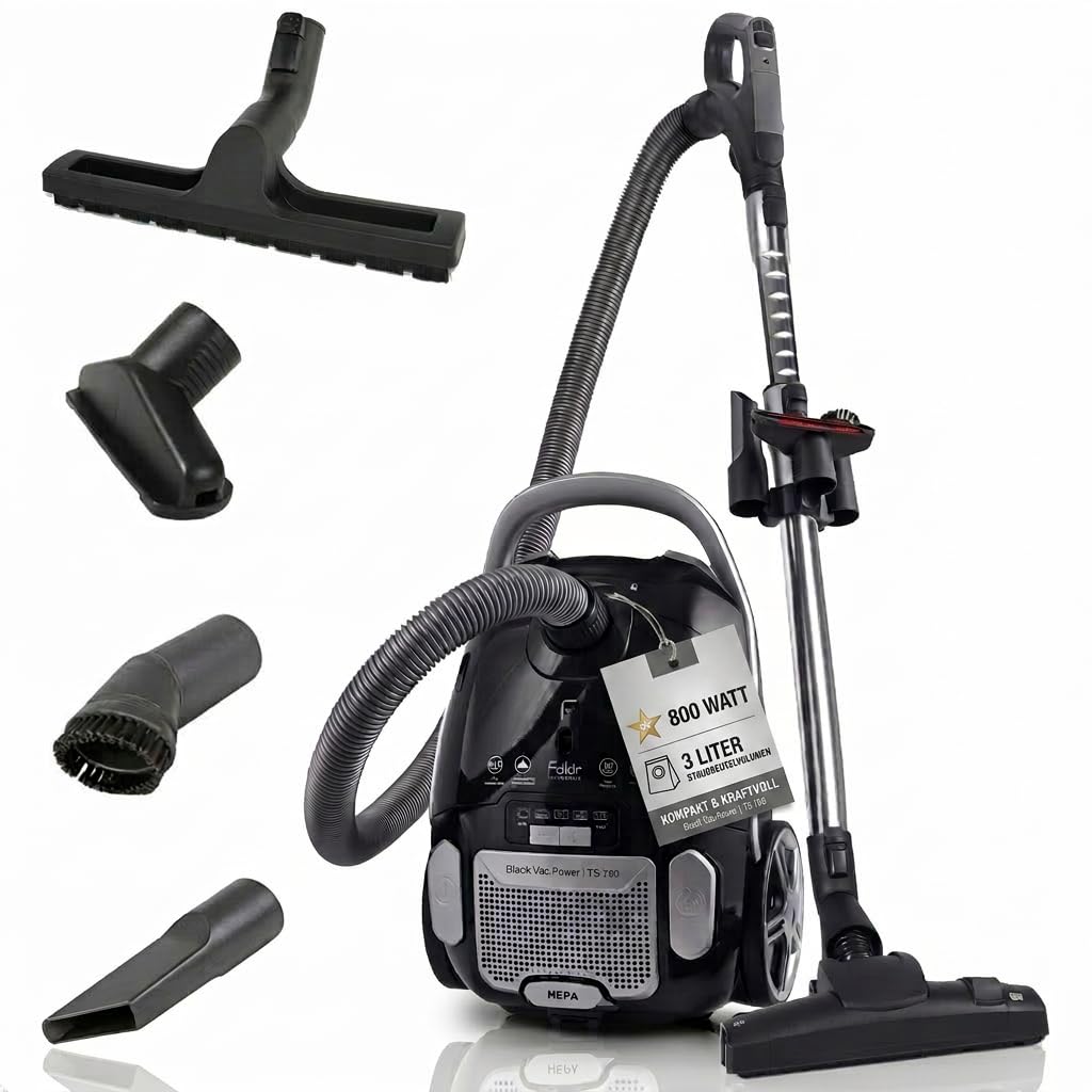 Fakir Black Vac Power TS 790 Staubsauger mit 3l Beutel, 800W Effizienzmotor, extra großer 12m Aktionsradius, HEPA Filter, 69dB(A) extra leise, Wessel-Werk Qualitätsdüse, Tip Tronic Reguilierung
