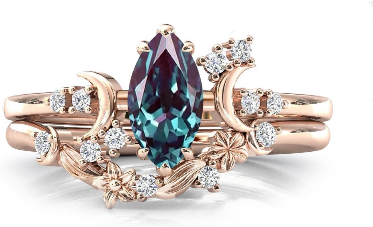 10K 14K 18K Black Gold Marquise Gemstone Engagement Ring Set for Women 925 Sterling Silver Gemstone Triple Moon Goddess Art Deco Bridal Wedding Ring Set (Size 4-15) - Image 8