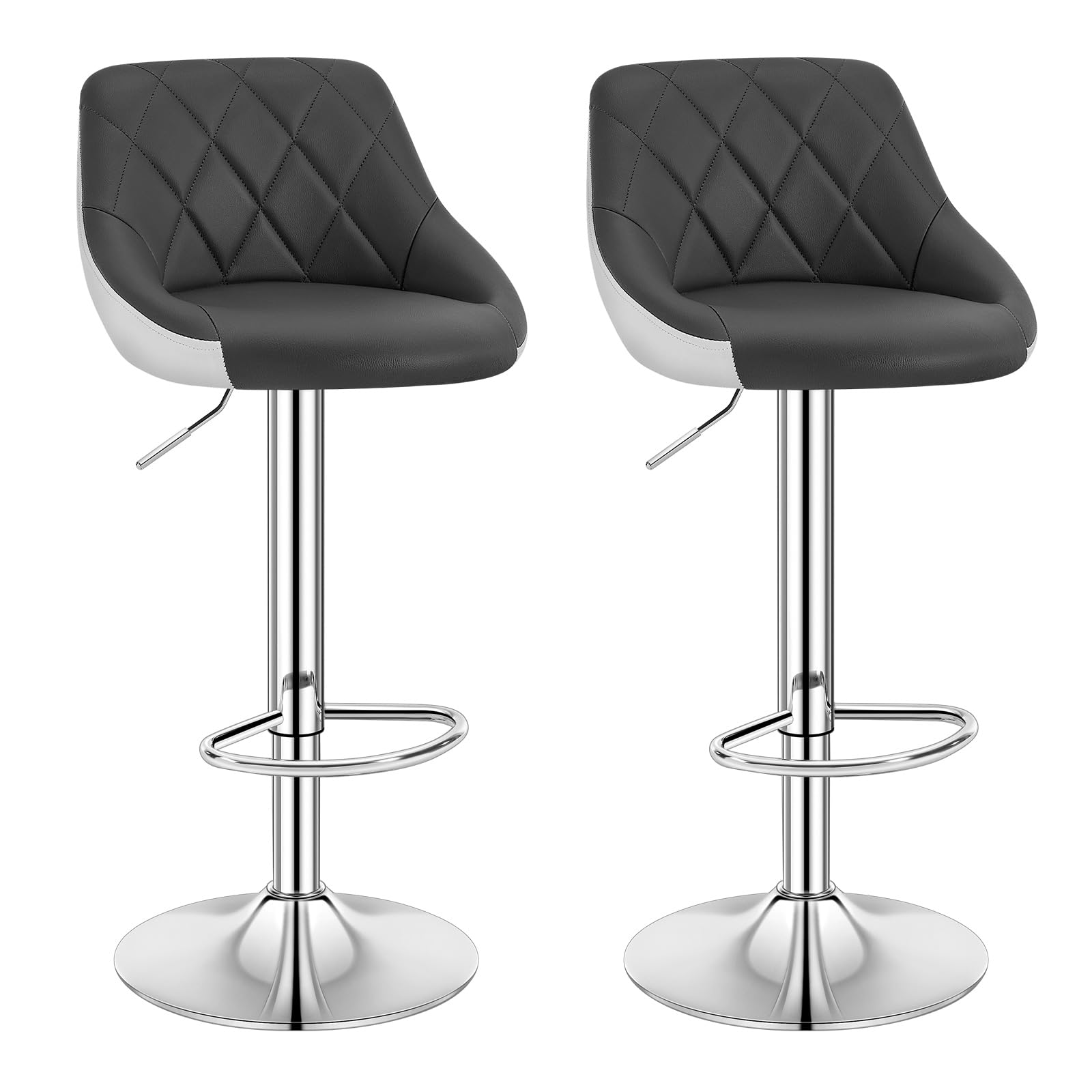 WOLTU Bar Stools Set of 2, Breakfast Bar Chairs Swivel Dining Stools, Height Adjustable Kitchen Island Barstools, Grey+white Faux Leather Upholstery, Metal Footrest & Base
