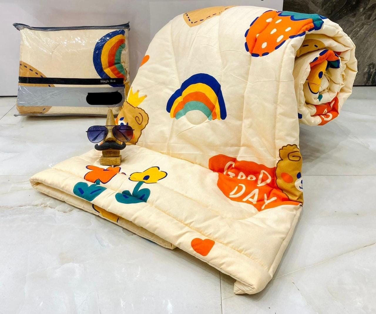 PRISCILLA 150 GSM Glace Cotton Kids Single Bed 250 TC Reversible Comforter/AC Blanket/Quilts/Duvet for All Seasons. (Design 9)