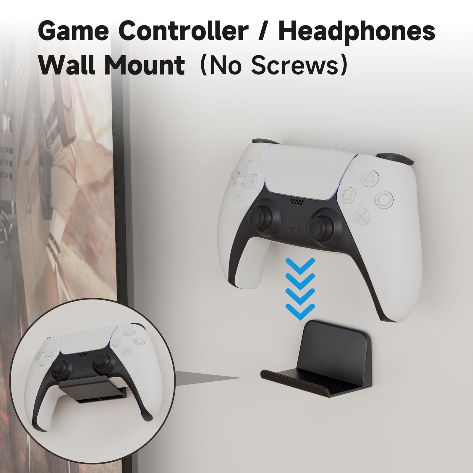 sciuU Soporte de Pared para Mando/Auriculares, [Conjunto de 2] Gancho Adhesivo 3M, Colgar los Auriculares, Accesorios para Controller Controlador Gamepad de PS5 / PS4 / Xbox, Sin Tornillos