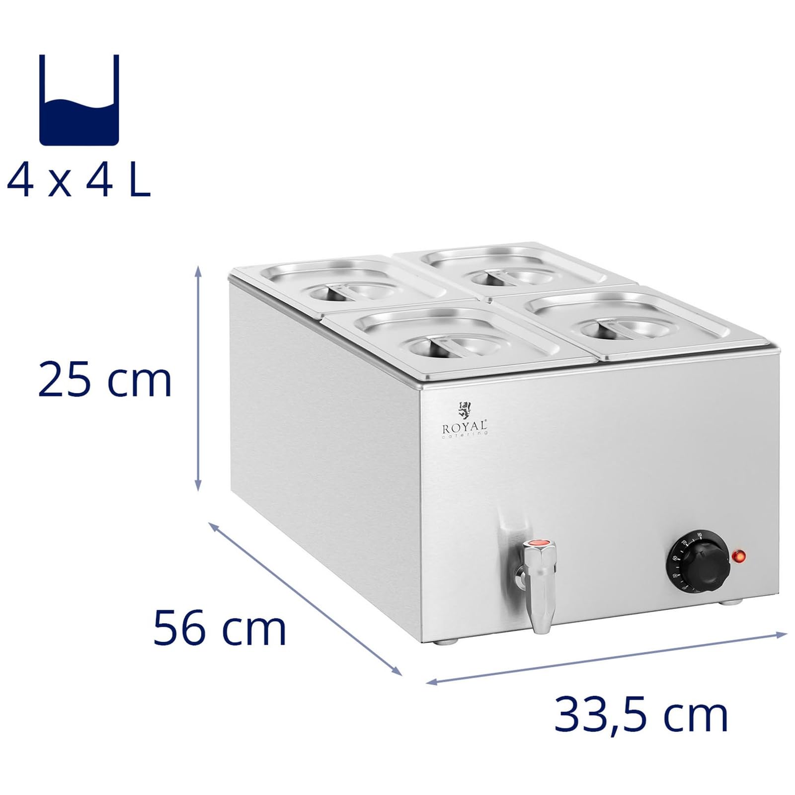 Royal Catering RCBM_GN1/4 Bain Marie 600 W 4 GN 1/4 rubinetto di scarico per bagnomaria scaldavivande