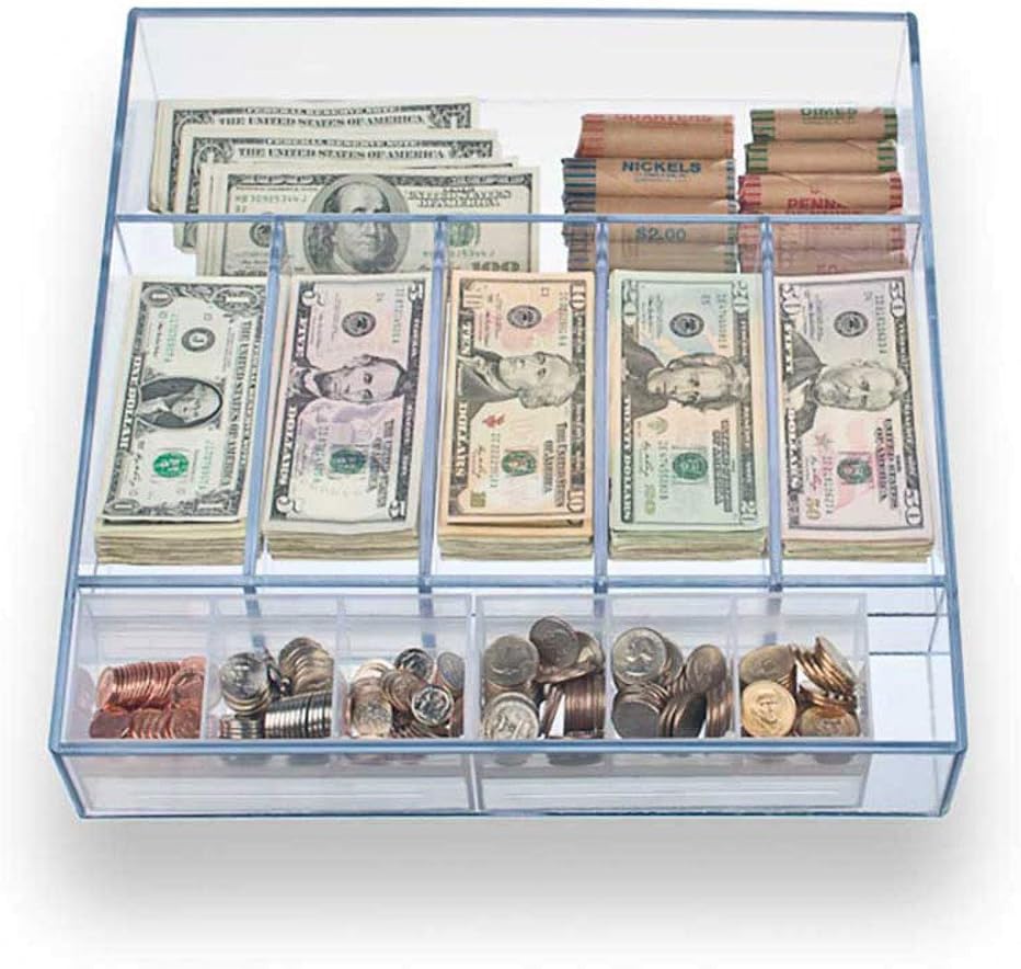 Clear Money Tray - 14-5/8W x 3H x 15L - 5 Bill Compartments - 2 Extra Compartments - Durable Construction - Transparent Design