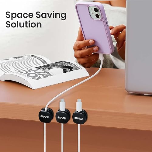 Miniatura 5 de Paquete de 6 clips adhesivos para cables con resorte negro para mesita de noche, escritorio, pared, automóvil o mesita de noche, organizador de