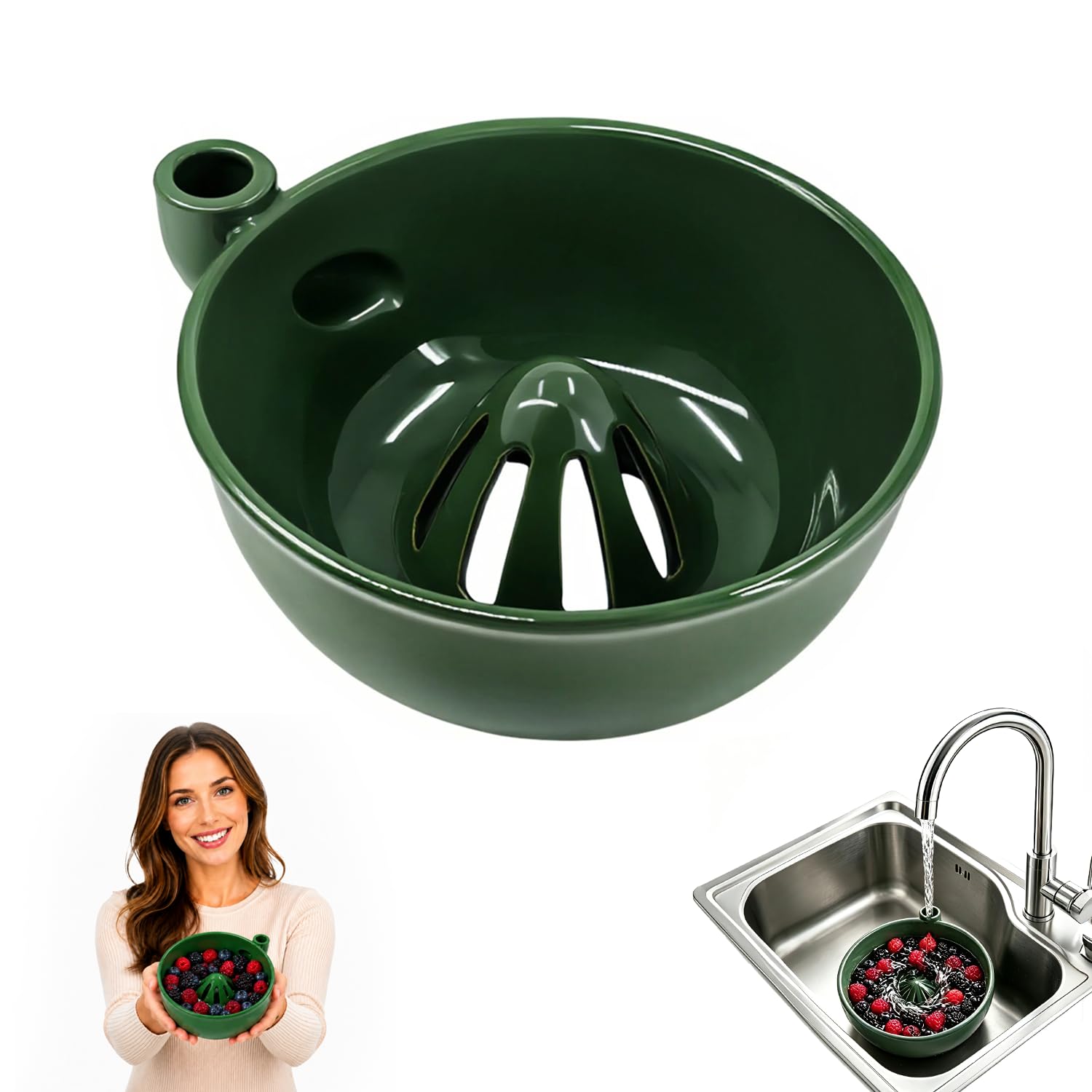 Self Spinning Berry Washing Bowl with Drain Holes Automatic Swirl Fruit Washer and Colander Basket for Berries Cherries Plums Multipurpose Quick Cleaning Fruit Rinse Bowl Tool for Kitchen (Ceramic)