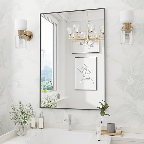 Koonmi Espejo de pared rectangular negro, espejo de baño de 24 x 32 pulgadas, espejo de tocador con marco de aluminio para entrada, sala de estar,
