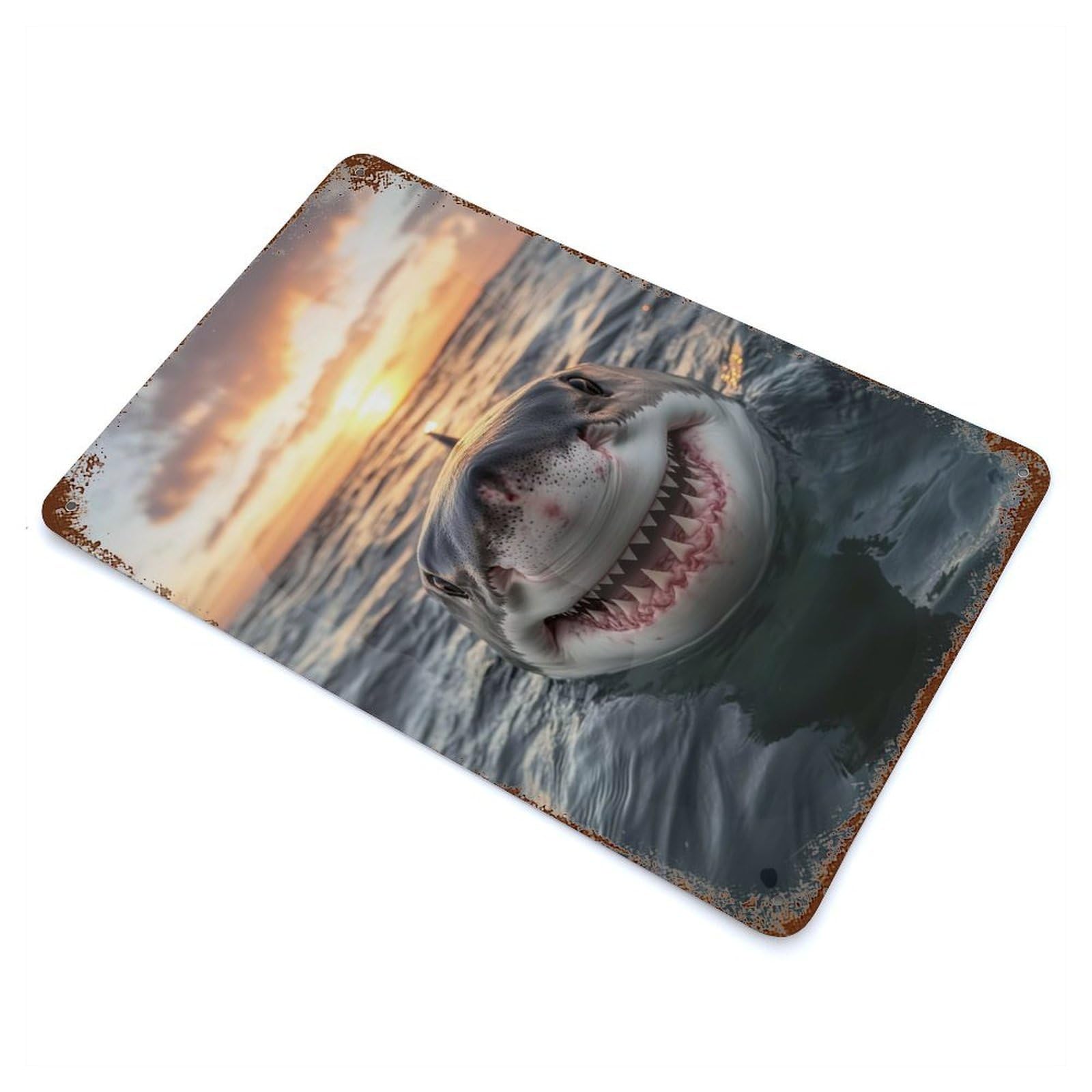 Retro Metal Sign with Great White Shark Sunset Design 11.8"x7.9", for Bistro, Counter And Cafe Decor, Shabby Chic Decor