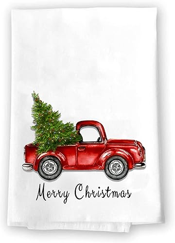 Decorative Kitchen Dish and Bath Hand Towels  Cute Colorful Rustic Green Truck With Green Christmas Tree (Red Truck, Merry Christmas)