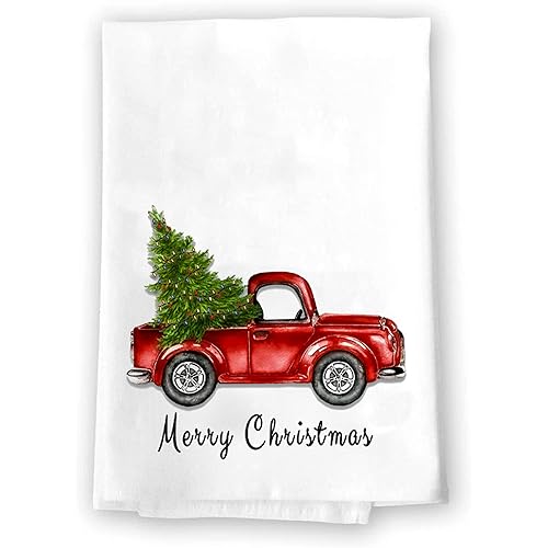 Decorative Kitchen Dish and Bath Hand Towels  Cute Colorful Rustic Green Truck With Green Christmas Tree (Red Truck, Merry Christmas)