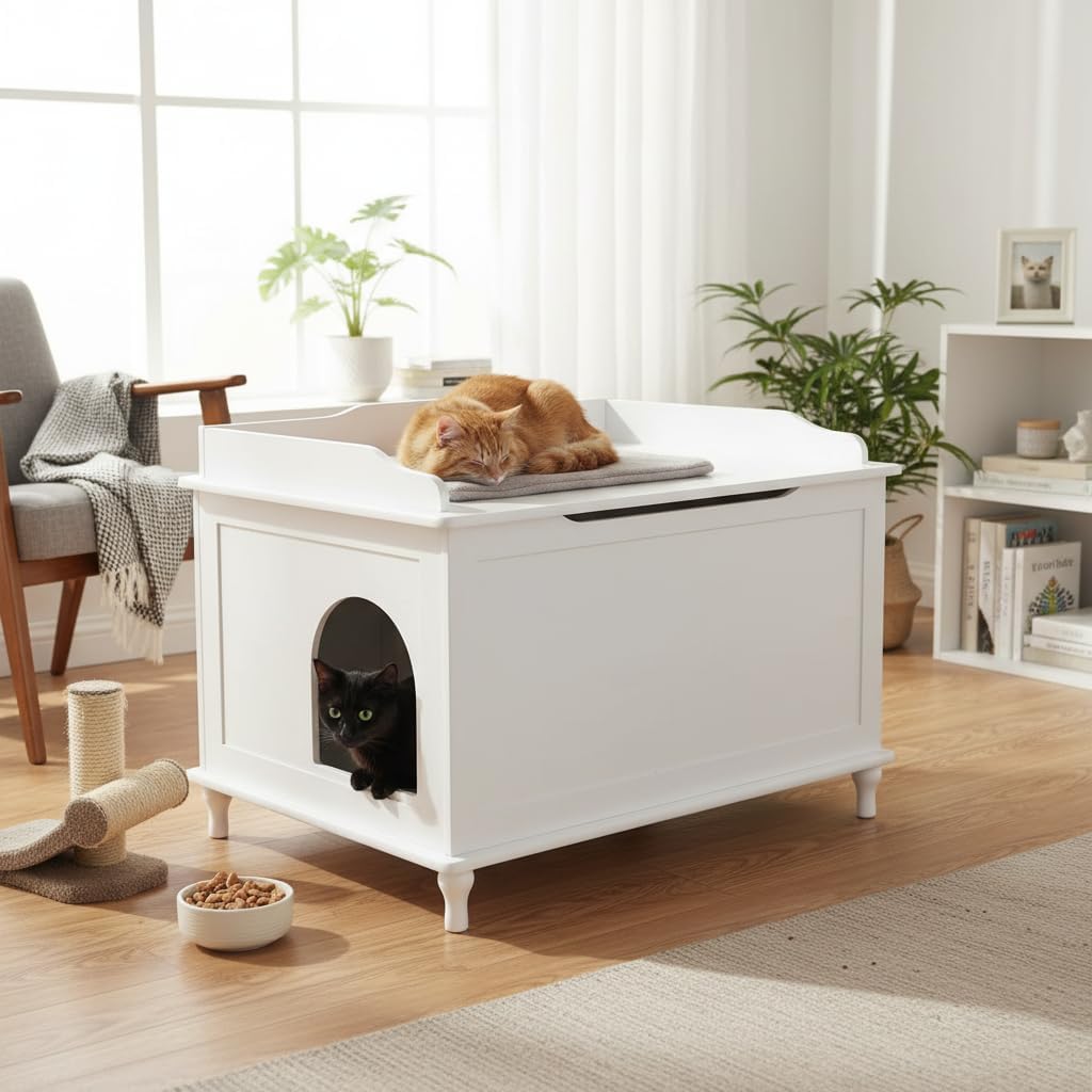 Designer Catbox Cat Litter Box Enclosure, Hidden, Dog-Proof Pet Furniture with Cover, Elegant, Covered, Odor Contained for Large Cats,Furniture with Lid, Cat Litter Boxes, White