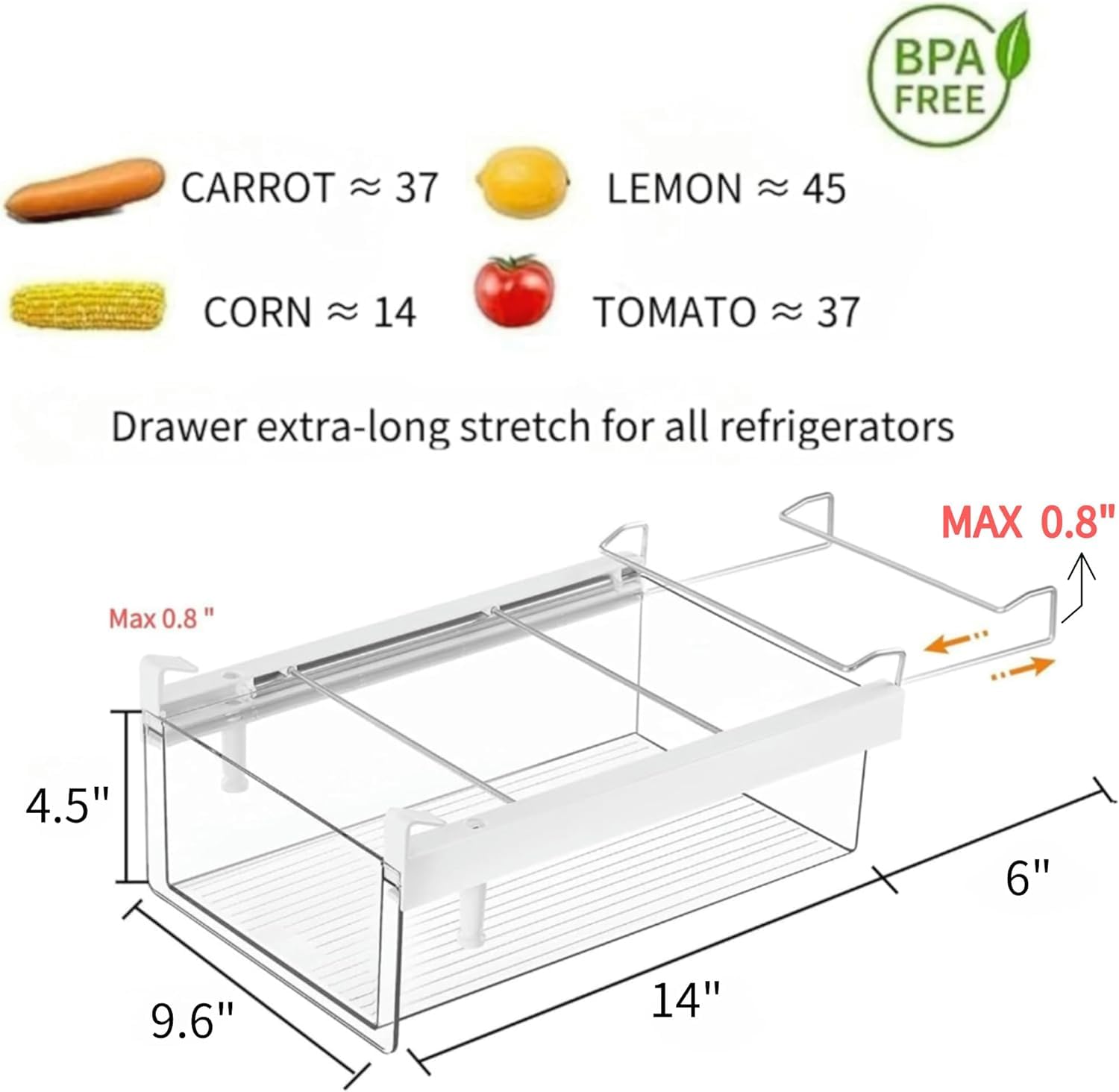 Organizador grande de cajones para nevera de 14 a 20 pulgadas, cajón inferior para refrigerador, XL