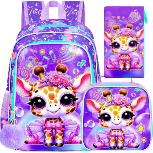 Image of CCJPX 3PCS Kids Backpack for Girls,16 inch Ballet Giraffe Preschool Backpacks with Lunch Bag, Cute Water Resistant Kindergarten School Bookbag for Elementary Kids Teen Travel