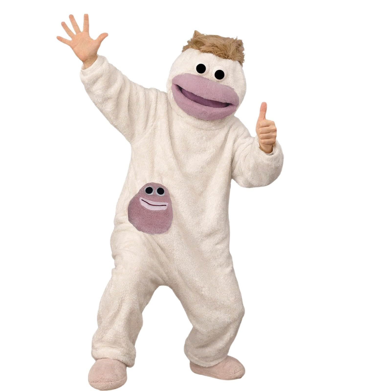 Funny Monster Onesie Silly Big Mouth Onesie Halloween Costumes Soft Cozy Fancy Dress Outfit Hooded One-Piece Pajamas Long Sleeves Loungewear for Adults (02-5-Beige, M)