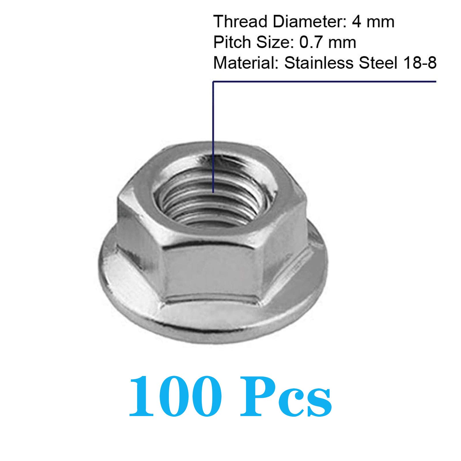 M4 Serrated Flange Nuts, 0.7 Pitch,Stainless Steel 18-8 (304), Bright Finish, 100 PCS