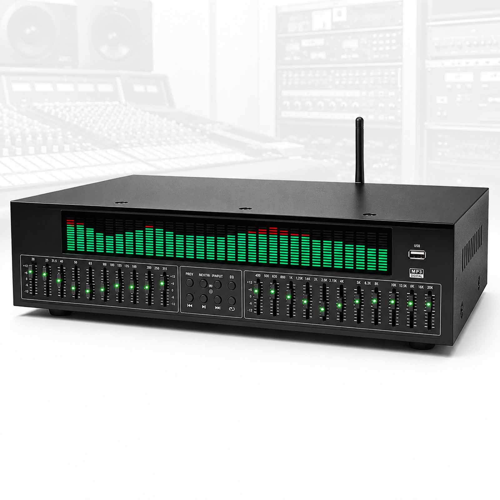31-pasmowy cyfrowy procesor audio z dynamicznym widmem, korektor graficzny stereo, Bluetooth 6.0, dekoder optyczny/współosiowy, 12 wzorów, pilot zdalnego sterowania, kabel audio do samochodu