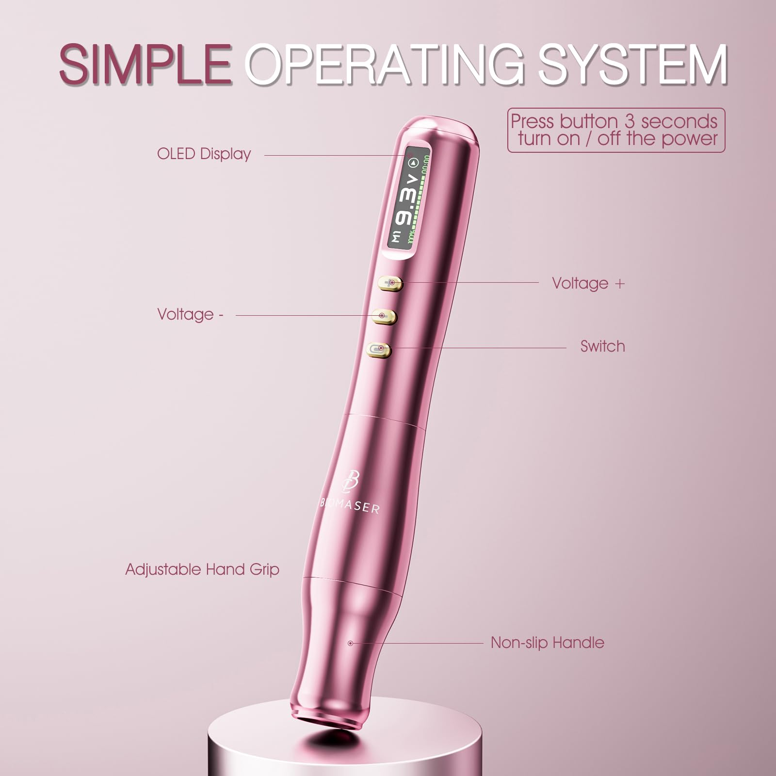 Biomaser TP006 2025 Máquina de Maquillaje Semipermanente Inalámbrica | con motor alemán de precisión, pantalla táctil LCD, ideal para cejas, labios y delineador de ojos, para profesionales (Rosa)