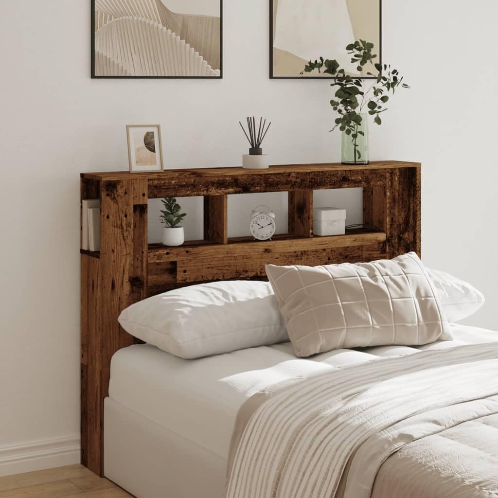Gecheer Testiera LED per Letto, con Luci RGB Regolabili, 140 x 18,5 x 103,5 cm, in Truciolato con Finitura Legno Antico, Supporto Schiena e Piano Portaoggetti, for Camera da Letto