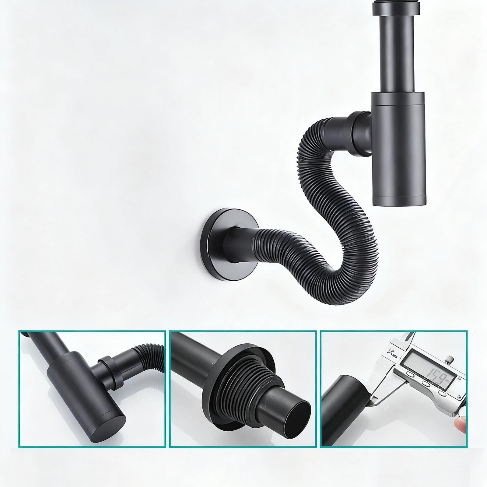 Sifon Lavabo con Rebosadero,Válvula Click Clack Lavabo,Abertura de Limpieza,Sifón Lavabo Flexible,Fregadero Kit de Desagüe,Sifon Cocina Fregadero,Negro