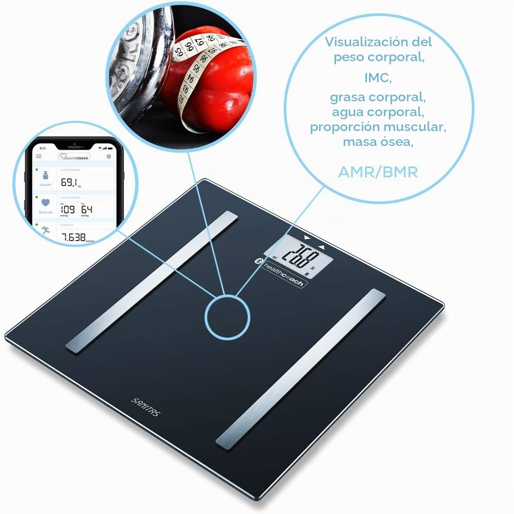 Sanitas SBF 72 - Báscula de diagnóstico con Bluetooth (medición de peso corporal, grasa, agua, masa ósea, calorías quemadas, IMC, aplicación de visión a largo plazo