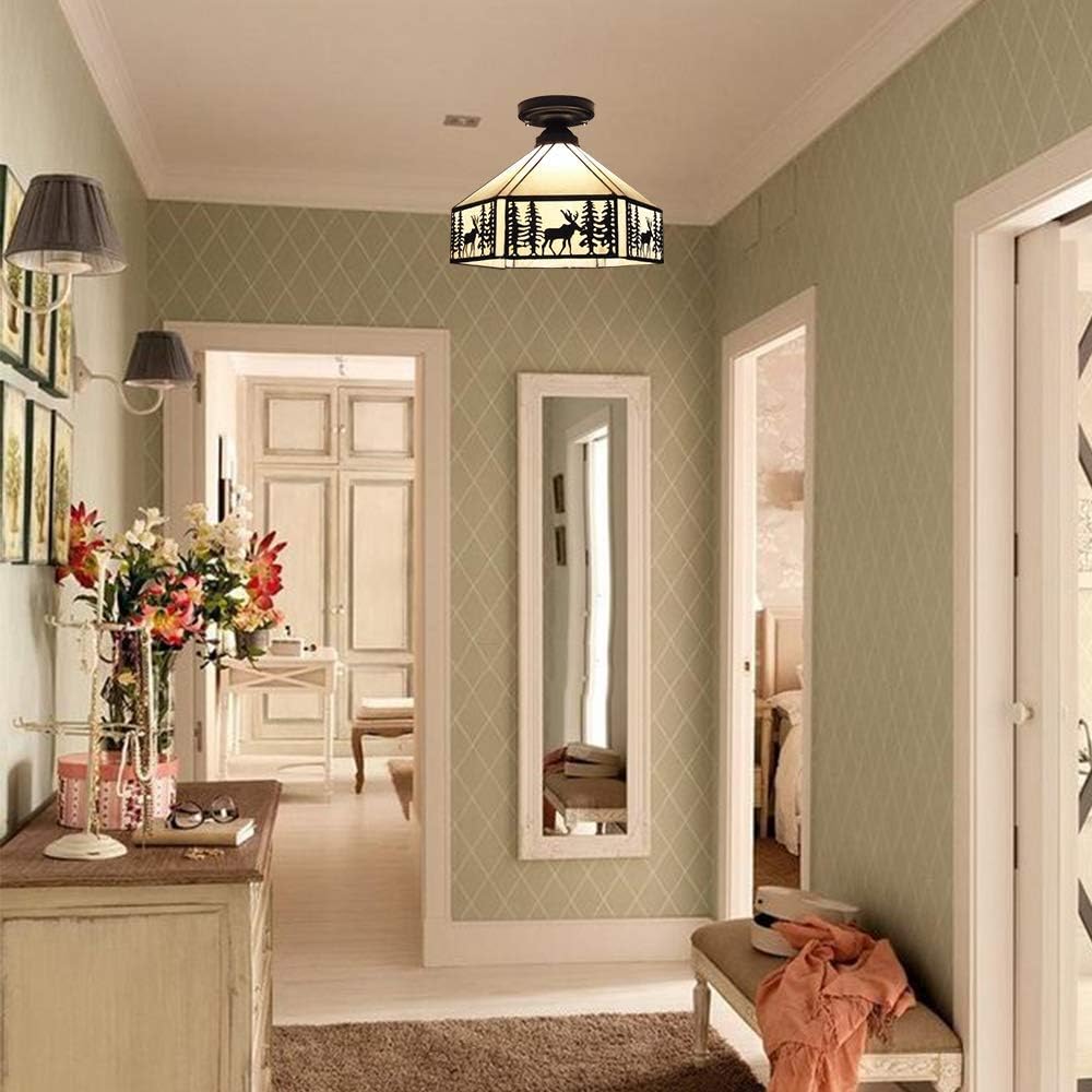 Exclusive Discount 70% Price KWOKING Lighting Vintage Elk Pattern Ceiling Lighting Fixtures Tiffany Stained Glass Style Flush Mount Ceiling Light for Living Room, Hallway, Kitchen, Dining Room Bronze 11 inches
