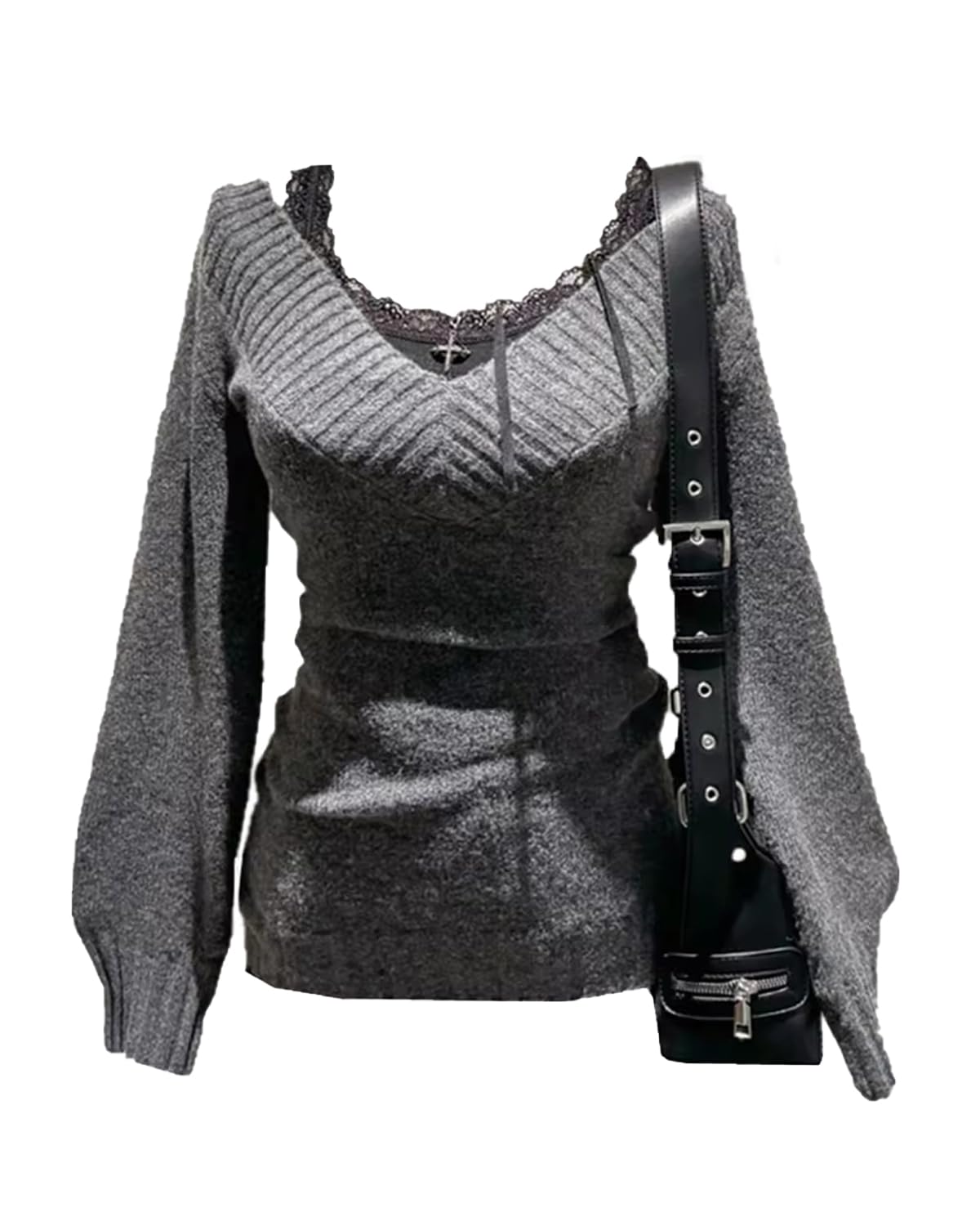 Women Vintage Coquette V-Neck Slim Fit Sweater Y2K Aesthetic Long Sleeve Knitted Pullovers Top