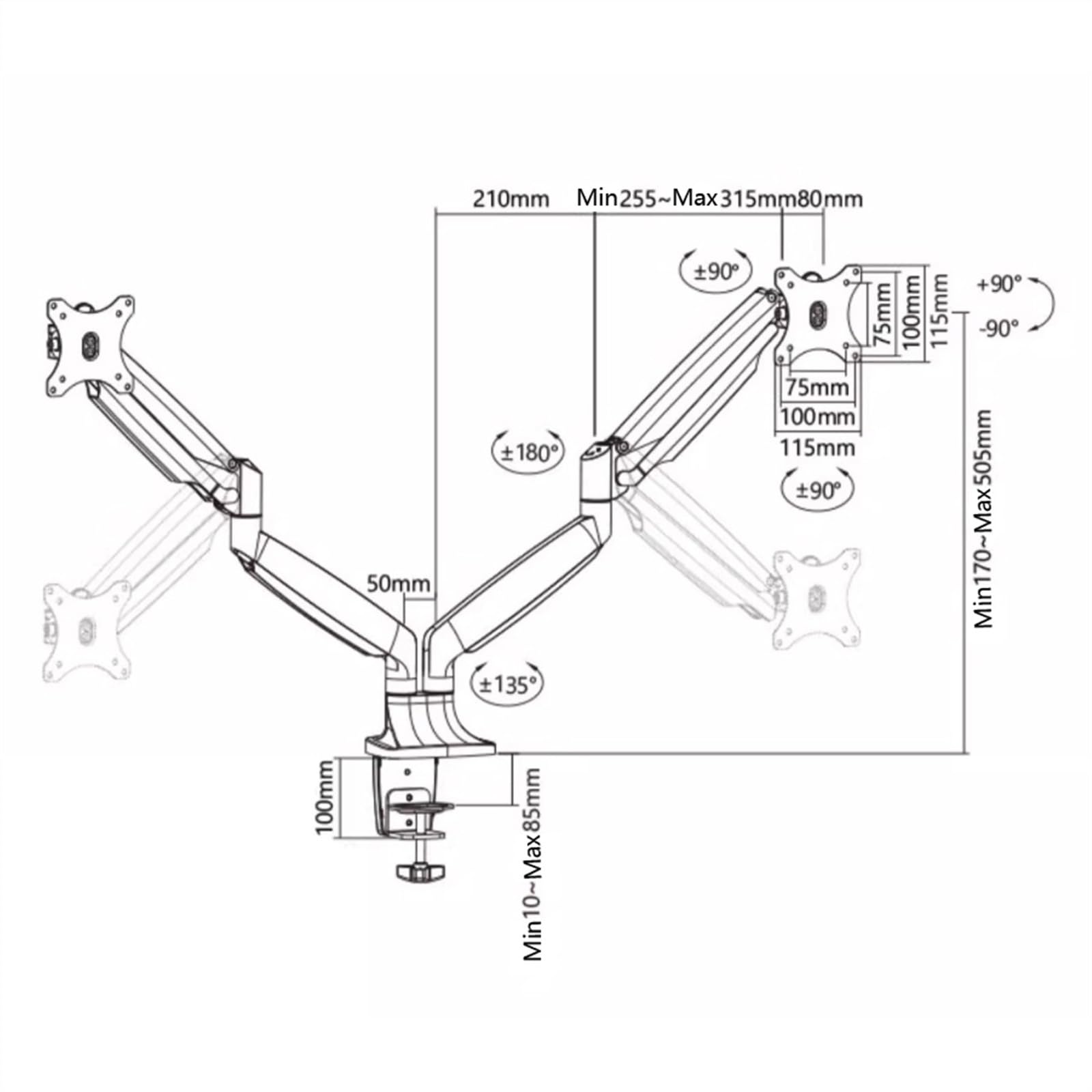Supporto da scrivania per monitor Supporto da scrivania for doppio monitor for schermo massimo da 32 pollici, 19,8 libbre, braccio for monitor in alluminio con molla a gas regolabile con VESA 75/100 m