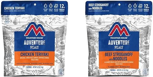 Mountain House Teriyaki de pollo con arroz (2 porciones) y Stroganoff de ternera con fideos (2 porciones) | Alimentos liofilizados para mochileros y