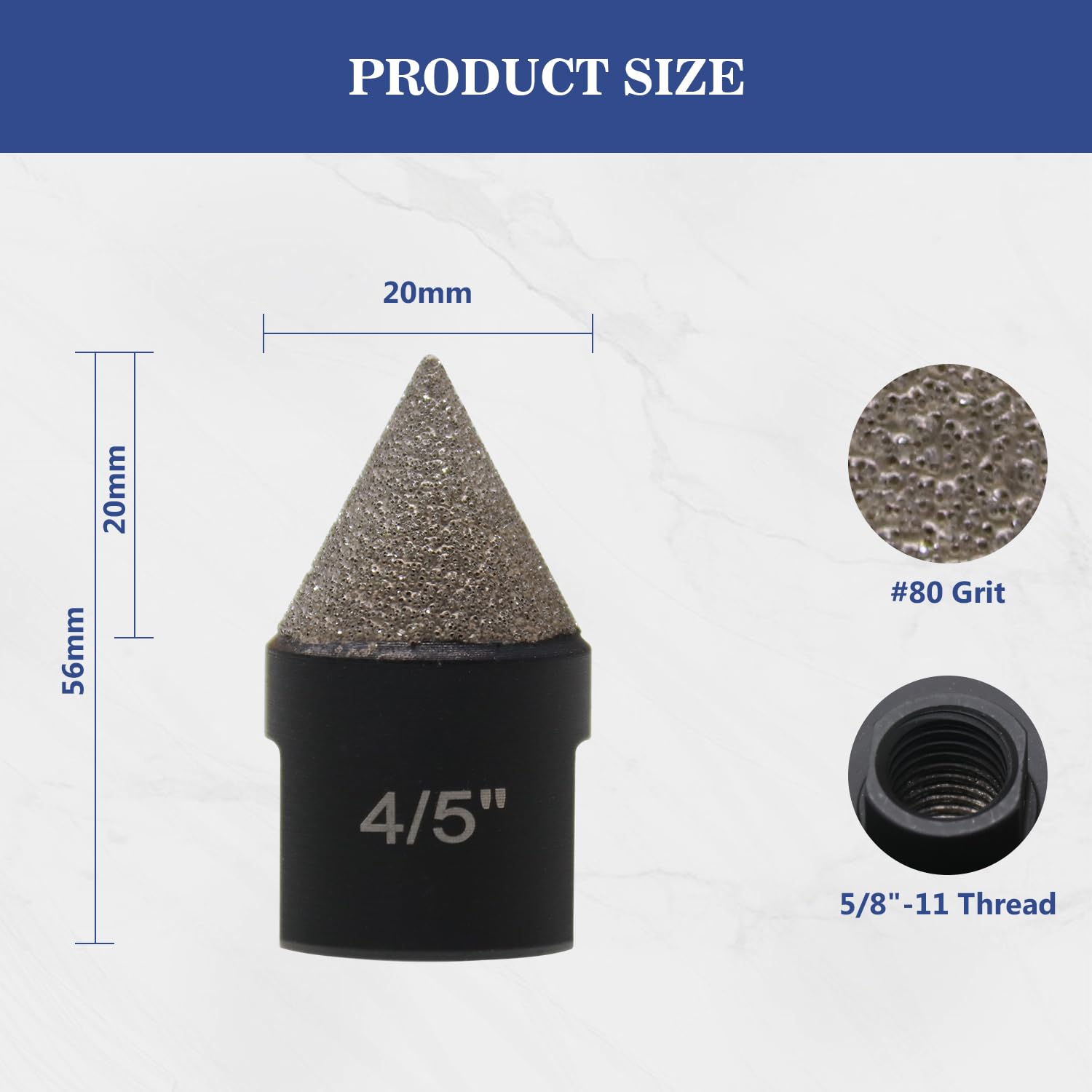 Diamond Beveling Chamfer Bits, 4/5” Diamond Countersink Bit with 5/8”-11 Thread for Enlarging Shaping Trimming Cleaning Existing Holes of Porcelain Granite Marble Ceramic(0-20mm)