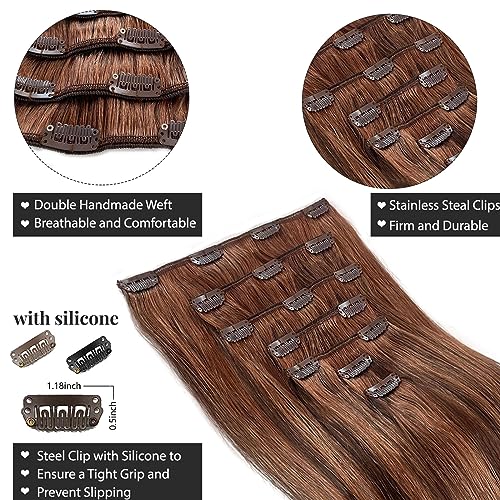 Image of Belaved Human Hair Clip in Extensions 12inch Dark Roasted Coffee&Caraamel Brown Clip in Hair Extensions Real Human Hair Straight Hair Extensions for Women 70g 7pcs #2P30