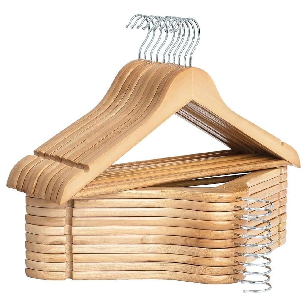 Wooden Suit Hangers With Non-Slip Pants Bar, Smooth Finish Solid Wood Coat Hanger 360° Swivel Hook, And Precisely Cut Notches For Camisole, Jacket, Pant, Dress Clothes (100 Pack), A-Grade Quality