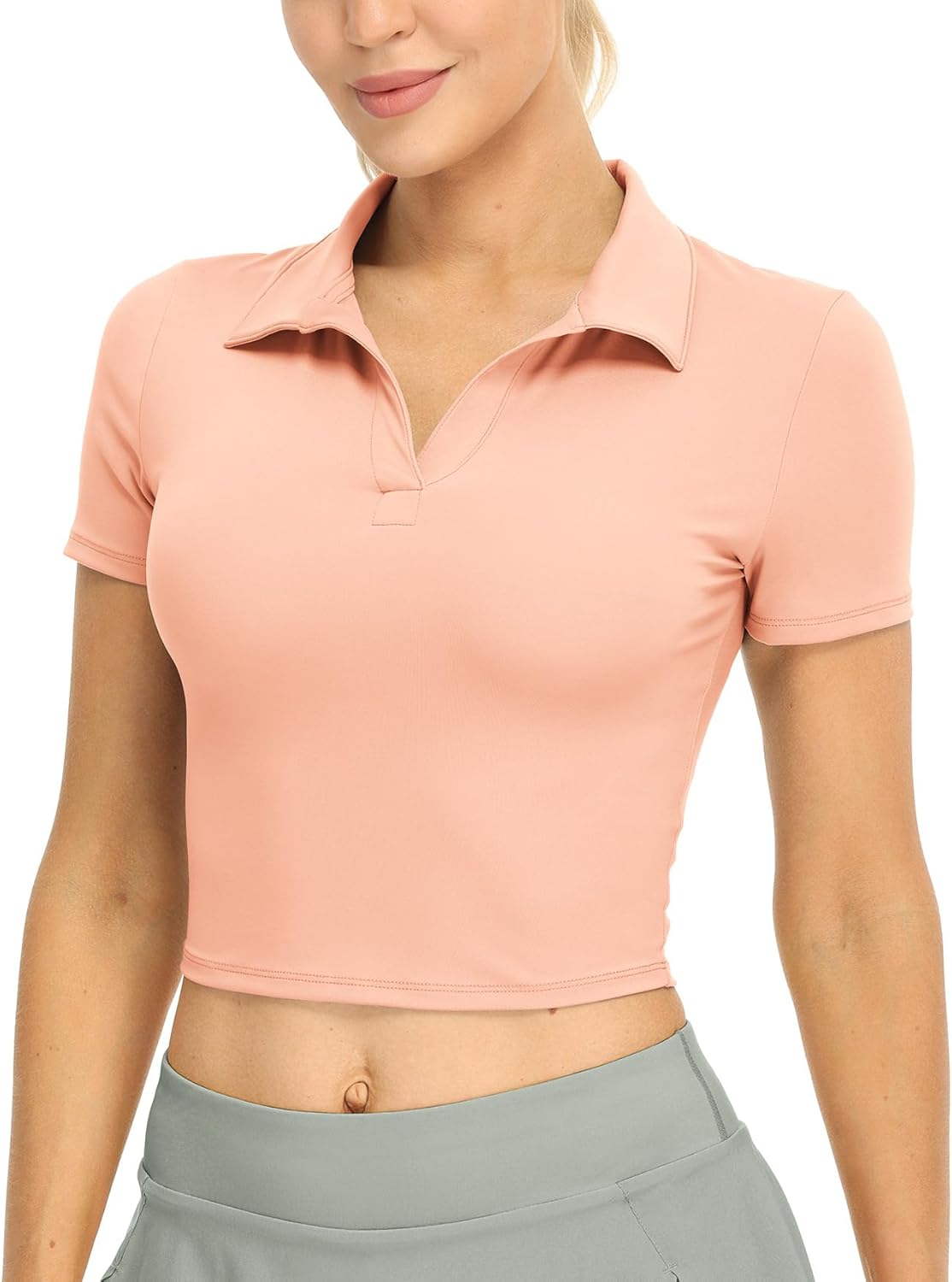 icyzone Women's Cropped Short Sleeve Polo Shirts for Workout Golf Tennis (Pink, XL)