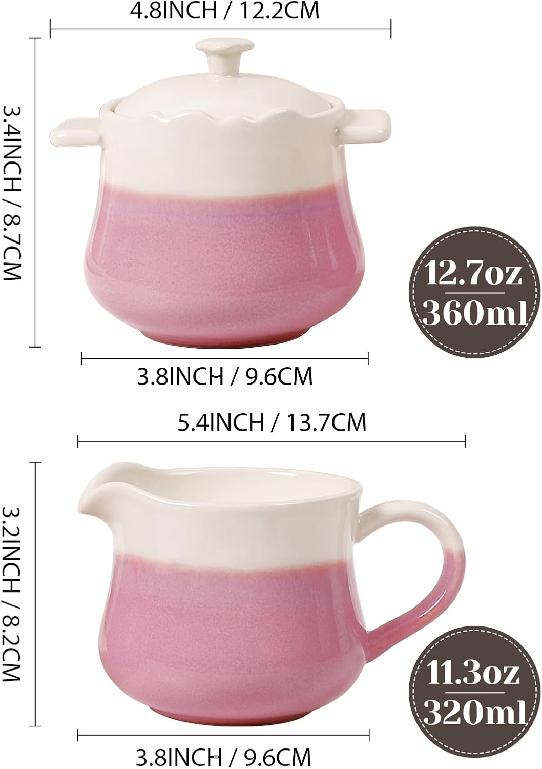 INGOFIN Ceramic Sugar and Creamer Set, 2-Piece French Style Cream Pitcher and Sugar Bowl with Lid, Coffee and Tea Serving Set for Home Kitchen, Microwave & Dishwasher Safe, Pink and Beige