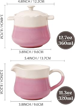 INGOFIN Ceramic Sugar and Creamer Set, 2-Piece French Style Cream Pitcher and Sugar Bowl with Lid, Coffee and Tea Serving Set for Home Kitchen, Microwave & Dishwasher Safe, Pink and Beige