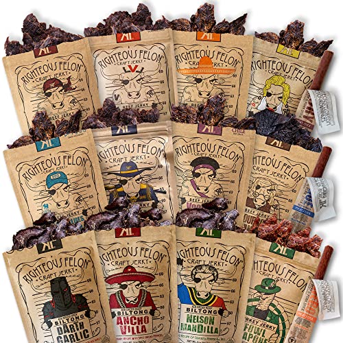 Righteous Felon Beef Jerky Variety Pack, Jerky And Beef Stick Sampler - Gluten Free, High Protein, Low Sugar, Low Calorie Healthy Snacks Bundle #TOP8