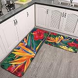 2 Pcs Kitchen Rug Set,Kitchen Mats,Floral Bird Tropical Paradise Hawaii ,Soft Washable Non-Slip Supe