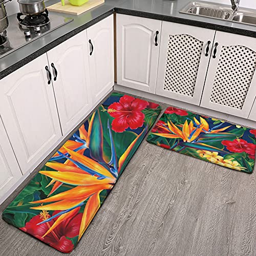 2 Pcs Kitchen Rug Set,Kitchen Mats,Floral Bird Tropical Paradise Hawaii ,Soft Washable Non-Slip Super Absorbent Floor Mat For Kitchen Bathroom Laundry #TOP14
