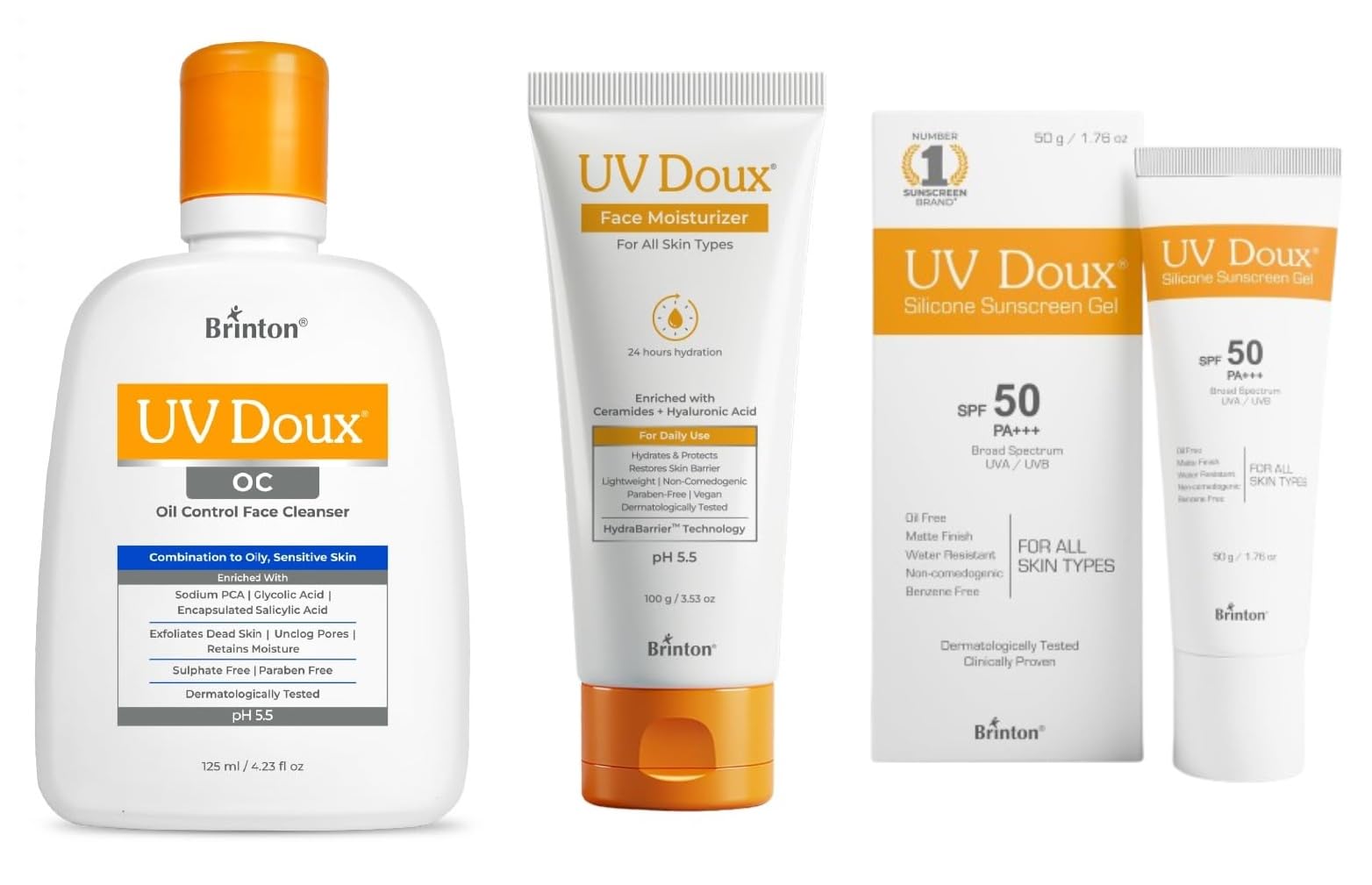Uv Doux OC Cleasner 125ml | UV Doux Face Moisturizer 100gm | Uvdoux Face & Body Sunscreen Gel With Spf 50 Pa+++ 50g