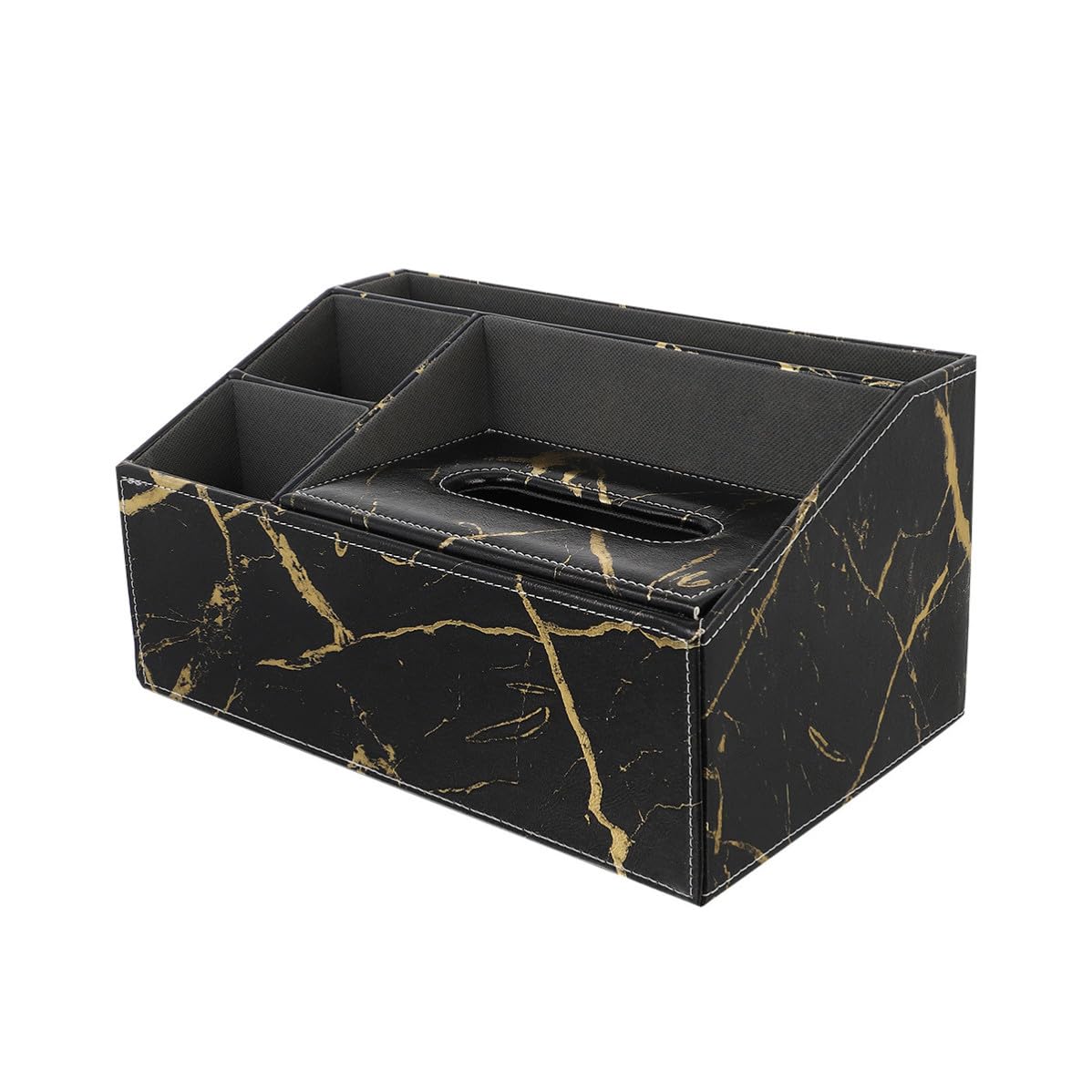 ABOOFAN Caja Organizadora Estructura Compacta de Cuero Negro Vetas de Mármol y 3 Compartimentos para Pañuelos y Mando a Distancia para Oficina y Hogar