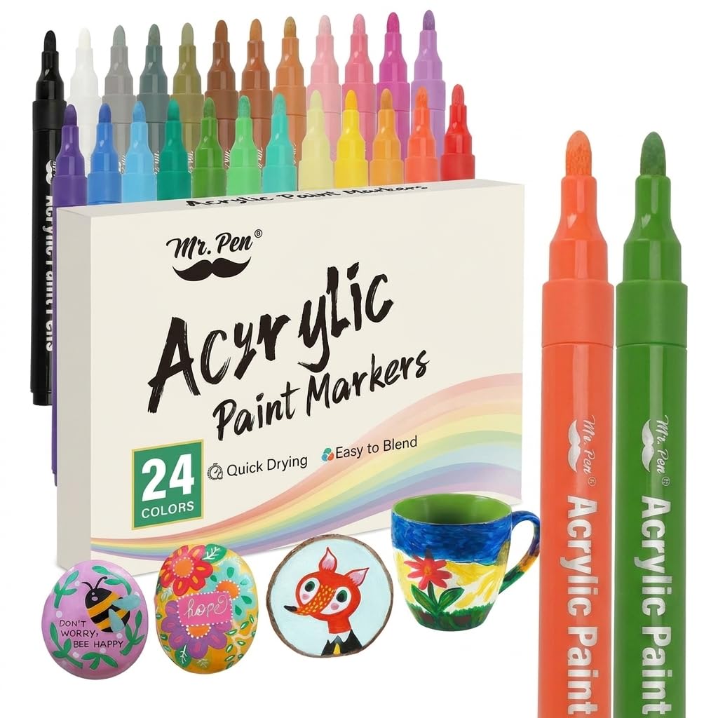 Mr. Pen- Acrylic Paint Markers, 24 Pack, Colorful, Paint Pens for Rock, Fabric, Wood, Glass, Craft, Decoration, Stocking Stuffers, Scrapbook Supplies, Art Supplies