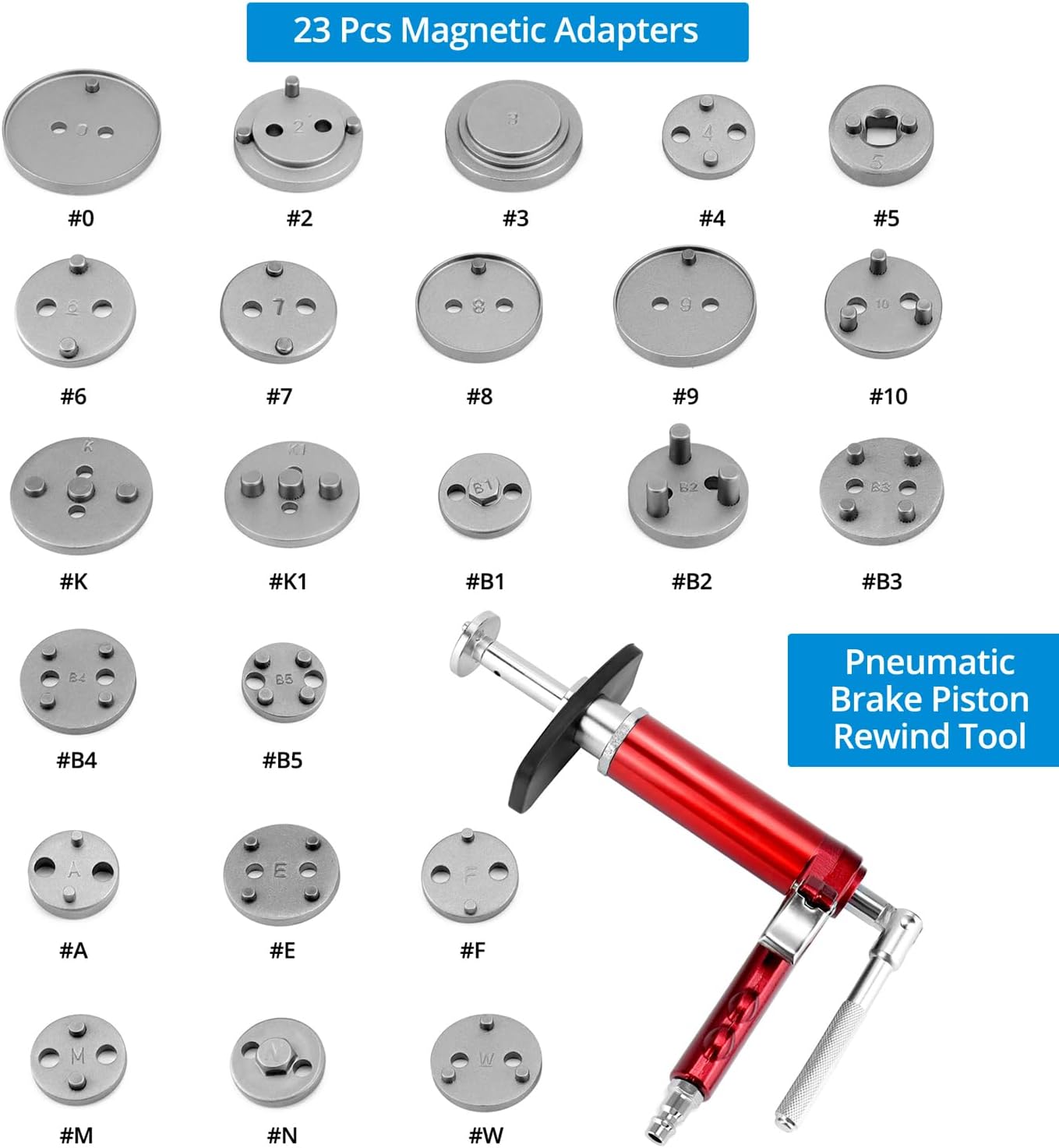 QWORK 24-Piece Pneumatic Brake Caliper Tool Set with Case – Compatible with American, European, Japanese Vehicles, Includes Rewind Tool, Adapters, Brake Caliper Wind Back Tool Professional Brake Tool