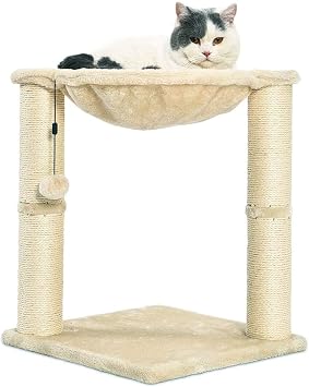 Amazon Basics Cat Tower with Hammock Bed and Scratching Post for Indoor Cats, Easy to Assemble, Interactive Hanging Ball, 15.8 x 15.8 x 19.7, Beige