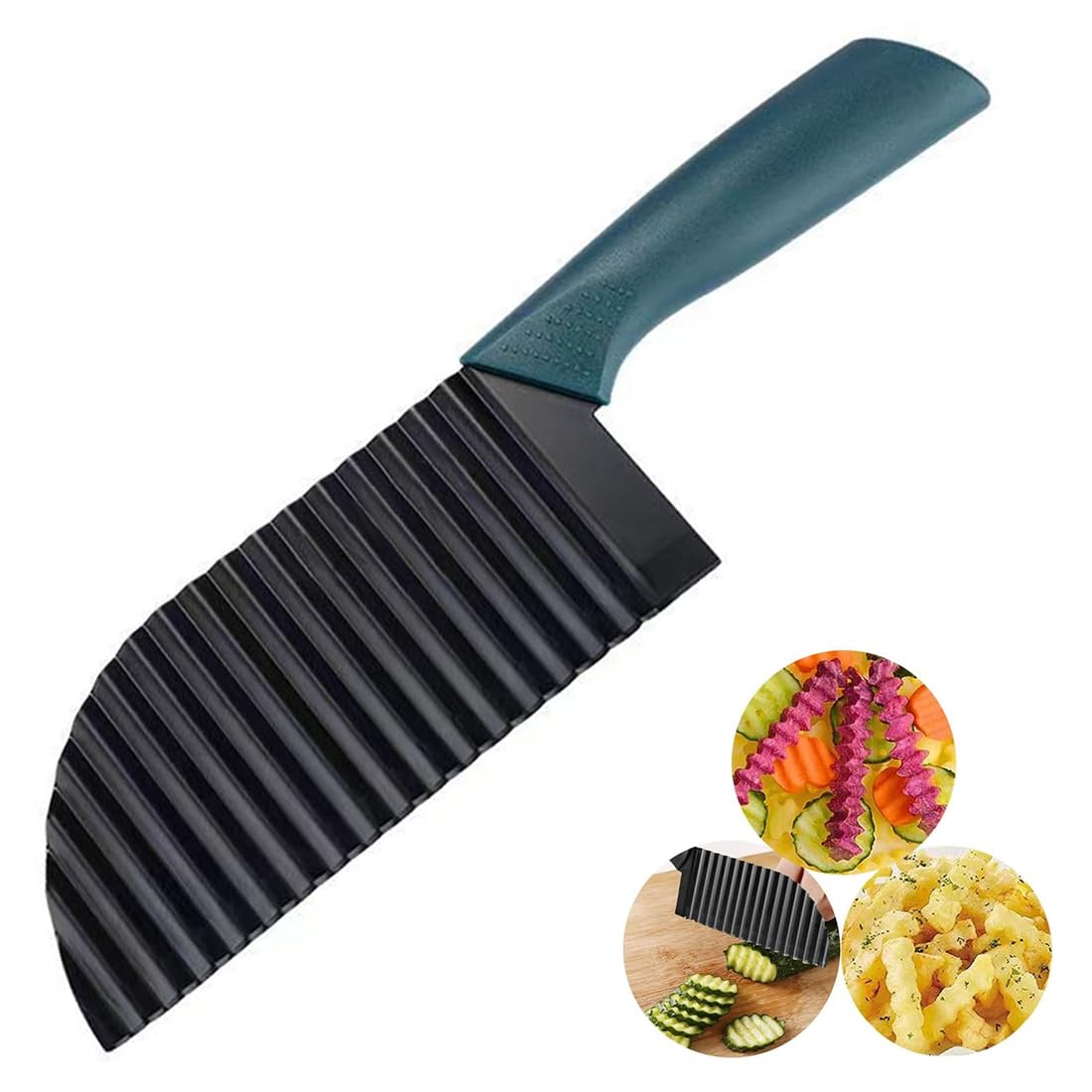 Neoreser Frietmes, golfsnijder, groentesnijder, roestvrij staal, aardappelsnijder, frietsnijder, frietsnijder, ribbelmes met bescherming voor groenten en fruit, saladesnijder, gereedschap (groen