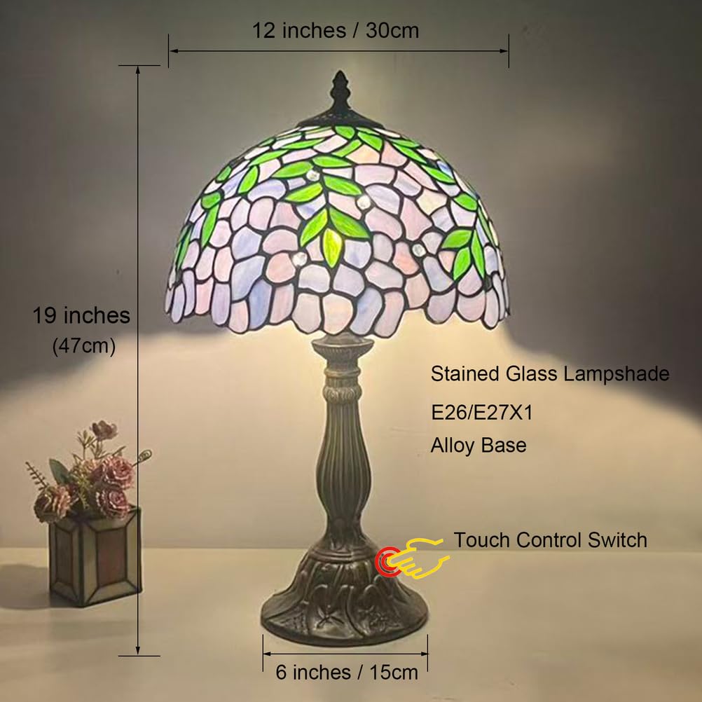 Lampa stołowa ze szkła witrażowego, wzór liści glicynii, idealna lampka do czytania do sypialni, salonu, biura, gabinetu, 30 x 30 x 45 cm