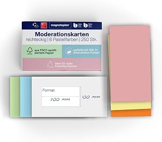 magnetoplan Moderationskarten, rechteckig | 250 Stück in 6 Pastellfarben | FSC-zertifiziert | Kommunikationskarten für Meetings und Präsentationen | BxH 200x100 mm