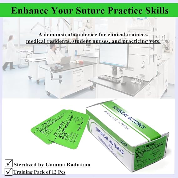 HTI 12/PK Training Suture Thread Teaching Individual Package Nylon Suturing Thread Set with Curved Needle (2/0)