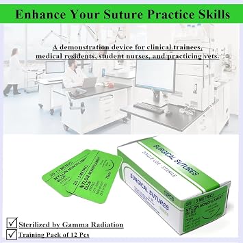 HTI 12/PK Training Suture Thread Teaching Individual Package Nylon Suturing Thread Set with Curved Needle (2/0)