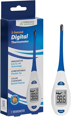 Veridian - Termómetro digital  Lectura de 2 segundos  Tecnología de lectura rápida  Punta flexible  Higiénico resistente al agua fácil limpieza