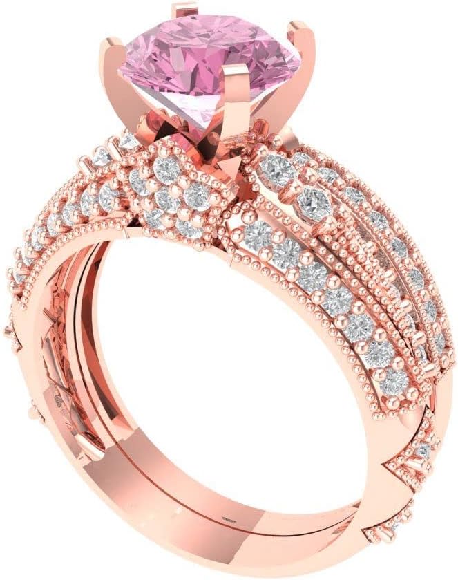 Clara Pucci 2.20 ct Round Cut Solitaire Genuine Pink Simulated Diamond Art Deco Statement Wedding Ring Band set 18K Rose Solid Gold