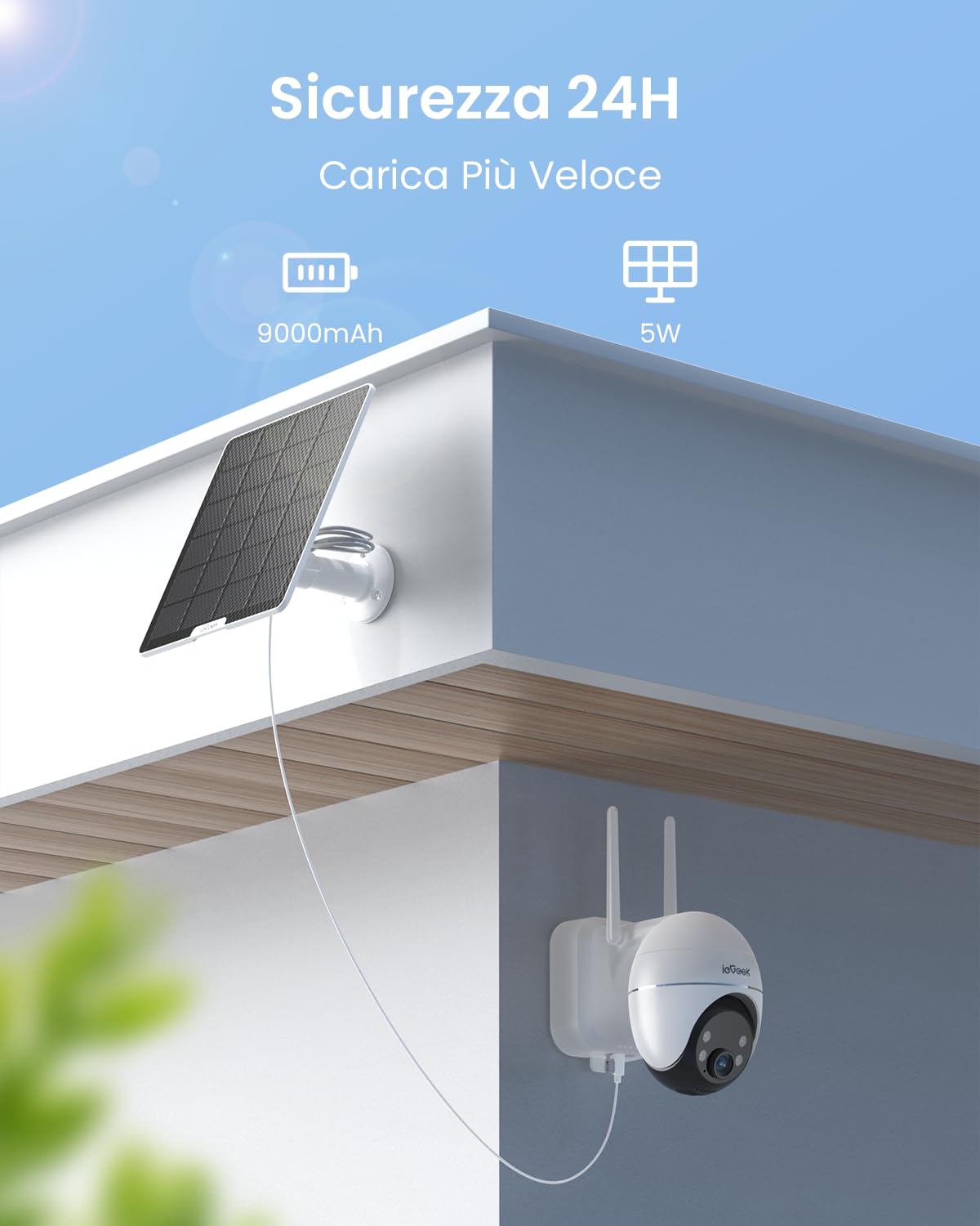 ieGeek AOV Telecamera Pannello Solare 5W con Registrazione 24/7 & Tracciamento Automatico, 2K 360° PTZ Videocamera Wi-Fi Esterno a Batteria 9000mAh, Visione Notturna a 30m, Rilevamento AI, IP65, S7