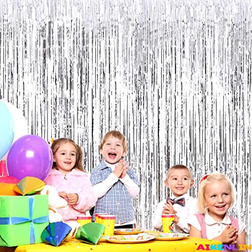 Image of 4 Pack 3.2Ft x 8.2Ft Silver Foil Fringe Curtain Backdrop, Metallic Tinsel Foil Fringe Streamers Curtains Background for Photo Booth, Birthday, Wedding, Halloween, Christmas Party Decoration